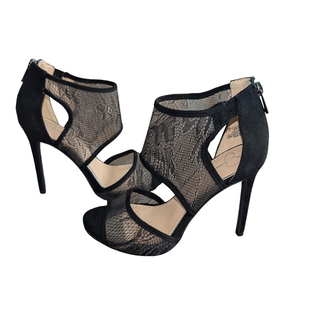 Jessica Simpson Raveero Women's Black Parlmc Zip Open Toe 4 1/2" Heels Sz 6M